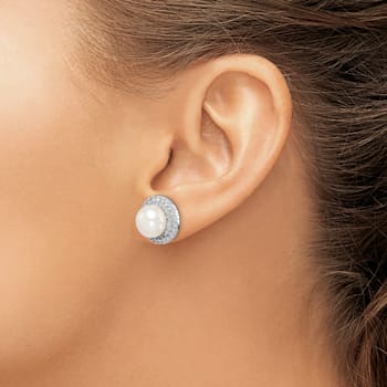 Rhodium Over Sterling Silver 8-9mm White Button Freshwater Cultured
Pearl Cubic Zirconia Earrings