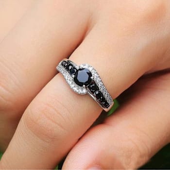 Black Spinel And White Topaz Accents Rhodium Over Sterling Silver Bypass Ring