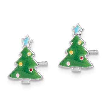 Rhodium Over Sterling Silver Enamel Kids Christmas Tree Post Earrings