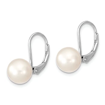 Rhodium Over Sterling Silver  8-9mm Round Freshwater Cultured Pearl
Leverback Earrings