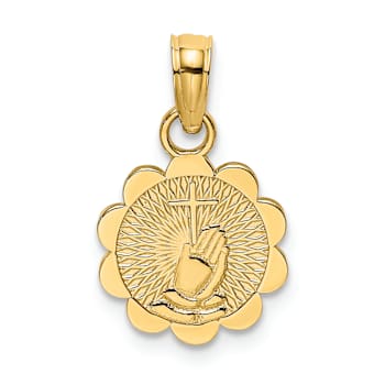 14k Yellow Gold Praying Hands and Cross On Scalloped Round Disk Charm