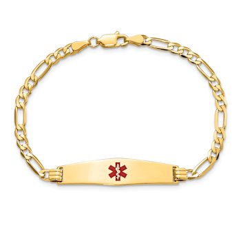 14k Yellow Gold Medical Soft Diamond Shape Red Enamel Flat Figaro Link
ID Bracelet