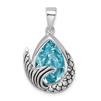 Rhodium Over Sterling Silver Polished and Antiqued Crystal Mermaid Tail Pendant