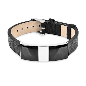 Mens Black Leather, Stainless Steel and Enamel Bracelet