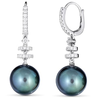 18KW Earrings 11mm  Tahitian Cultured  Pearls 0.34 ctw Diamond