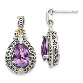 Sterling Silver Antiqued with 14K Accent Diamond and Amethyst Earrings