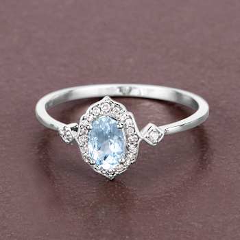 Blue Aquamarine and White Diamond 14K White Gold Halo Ring
