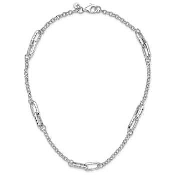 Rhodium Over Sterling Silver Polished and Hammered Link Necklace