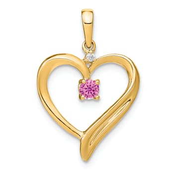 14k Yellow Gold Lab Created Pink Sapphire and Diamond Heart Pendant
