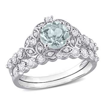 Aquamarine, White Topaz and Diamond 10K White Gold Bridal Ring 1.90ctw