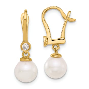 14K Yellow Gold 7-8mm Round White Akoya Cultured Pearl and 0.10 cttw
Diamond Dangle Earrings