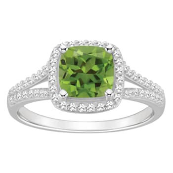 7mm Cushion Peridot 1/4 ctw Diamond Rhodium Over Sterling Silver Halo Ring