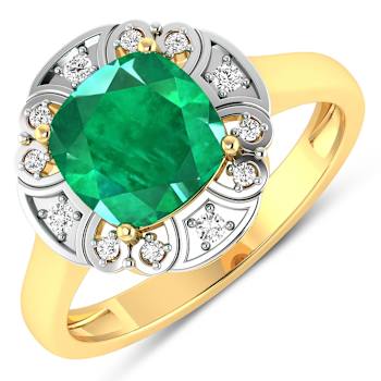 Green Emerald and White Diamond 14K Yellow Gold Halo Ring 2.16 ctw