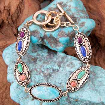 Barse Jewelry Multi-Gemstone Gold Tone Concho  Link Bracelet