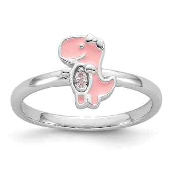 Rhodium Over Sterling Silver Pink Enamel and Cubic Zirconia Dinosaur
Children's Ring