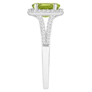 8x6mm Oval Peridot 1/4 ctw Diamond Rhodium Over Sterling Silver Halo Ring