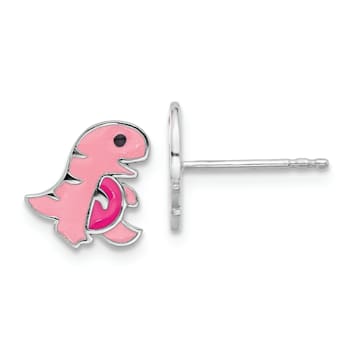 Rhodium Over Sterling Silver Pink Enamel Dinosaur Children's Post Earrings