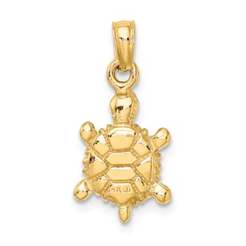 14k Yellow Gold 3D Green Enamel Land Turtle Pendant