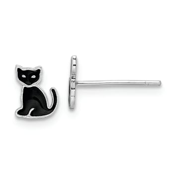 Rhodium Over Sterling Silver Polished Black Enameled Cat Post Earrings
