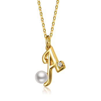 Initial A Pear Shape CZ And Pearl Simulant Pendant Necklace In 14K Gold
Over Brass