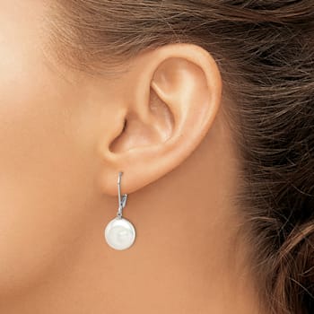 Rhodium Over Sterling Silver 12-13mm Freshwater Cultured Coin Pearl
Leverback Earrings