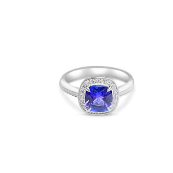 7mm Cushion Tanzanite and White CZ Rhodium Over Sterling Silver Ring, 1.43ctw