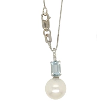 9mm Round White Freshwater Pearl, Aquamarine and Diamond Accents 14K
White Gold Pendant with Chain