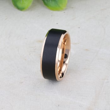 STEPHEN Rose Gold Plated Black Titanium Flat Brushed Wedding Ring With
Beveled Polished Edges 8mm