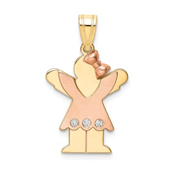 14k Yellow Gold and 14k Rose Gold Satin Diamond Kid with Bow Pendant