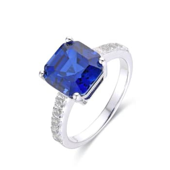 Blue Asscher Cut Lab Created Sapphire, Round White Topaz Accents Rhodium
Over Silver Ring for Women
