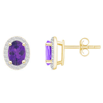 7x5mm Oval Amethyst And Created White Sapphire 10k Yellow Gold Halo Stud Earrings