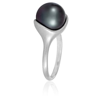 10mm Black Cultured Tahitian Pearl 14K White Gold Ring
