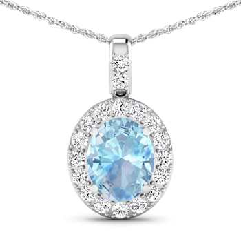 1.90ctw 14K White Gold Oval Aquamarine and White Diamond Pendant with 18
inch Cable Chain