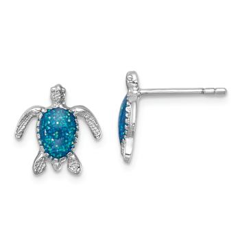 Rhodium Over Sterling Silver Enameled Polished Turtle Post Earrings