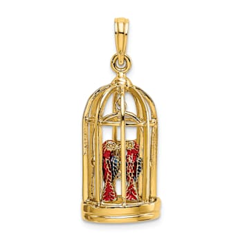 14k Yellow Gold 3D Enamel Bird Cage and Doors with 2 Birds Pendant