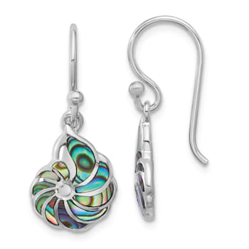 Rhodium Over Sterling Silver Polished Abalone Swirl Shell Dangle Earrings