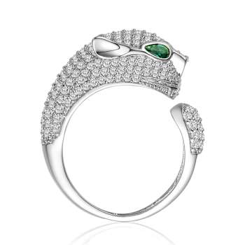 Emerald Color CZ Panther Open Design Ring In White Rhodium Over Brass