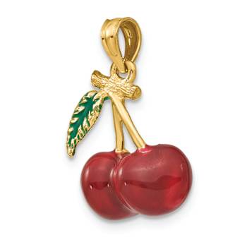 14k Yellow Gold Enamel 3D Cherries with Leaf Charm