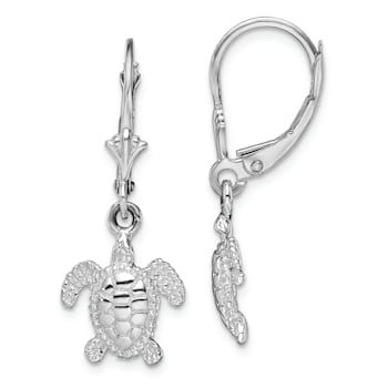 Rhodium Over Sterling Silver Mini Sea Turtle Leverback Earrings