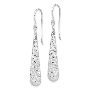 Rhodium Over Sterling Silver Hammered Teardrop Dangle Earrings