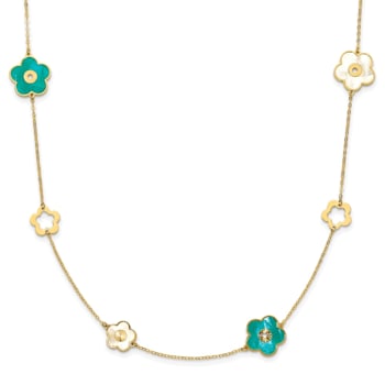 14K Yellow Gold Teal and White Color Mother Of Pearl Flower 30 Inch Necklace