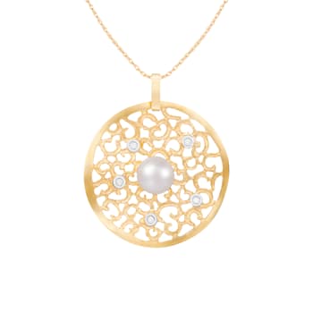 White Cultured Freshwater Pearl and Diamond 14K Yellow Gold Pendant 8-8.5mm