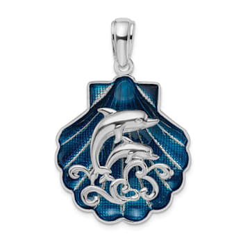 Rhodium Over Sterling Silver Enameled Blue Shell with Dolphins Pendant