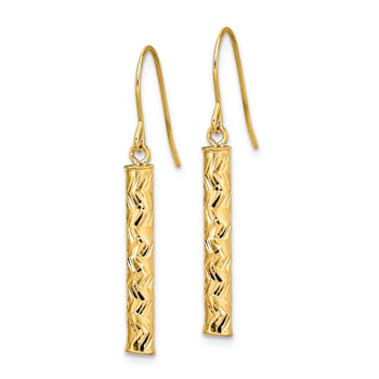 14k Yellow Gold Polished and Diamond-Cut Bar Dangle Earrings