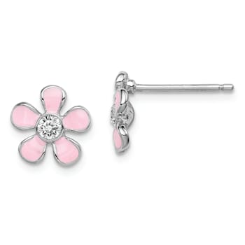 Rhodium Over Sterling Silver Pink Enamel/Crystal Flower Post Earrings