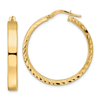 14k Yellow Gold 1 3/16" Polished Textured Hoop Earrings