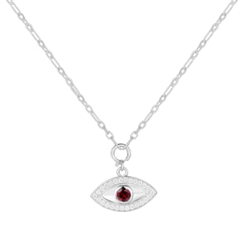 Garnet and Moissanite Rhodium Over Sterling Silver Evil Eye Necklace