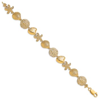 14k Yellow Gold Textured Starfish, Shell and Clam Link Bracelet