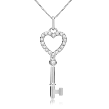 White Cubic Zirconia 14k White Gold Key Pendant With Chain 0.20ctw