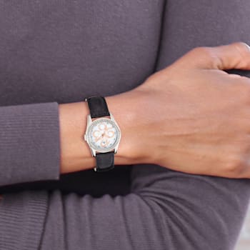 Charles Hubert Ladies Crystal Bezel Black Leather Watch